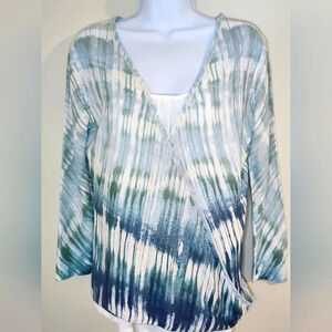 Nic + Zoe Womens Linen Blend Wrap Top‎ Size XS Blue Green Ombre Boho Balletcore